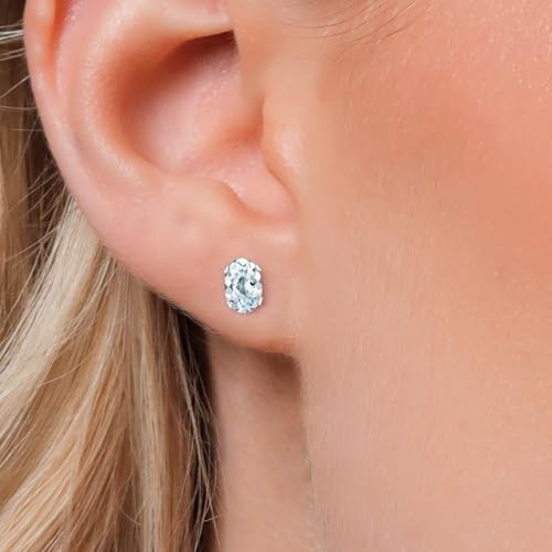 Gem Stone King Oval Gemstone Birthstone Stud Earrings for Women Men | Oval Cut 7X5MM | Fine Jewelry Gifts for Mom Dad Wife Him Her - style: Aquamarine, March
