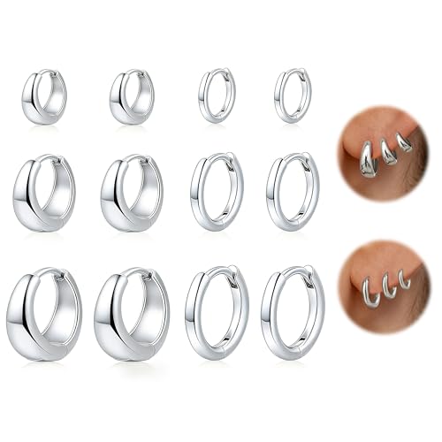 HILXURY 6 Pairs Small Gold Huggie Hoop Earrings for Women, 14K Gold Plated Cartilage Piercings Hoop Earrings Hypoallergenic, Trendy Lightweight Chunky Hoops Set for Women Gifts. - color: C- Silver