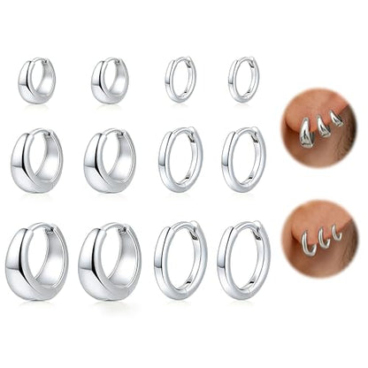 HILXURY 6 Pairs Small Gold Huggie Hoop Earrings for Women, 14K Gold Plated Cartilage Piercings Hoop Earrings Hypoallergenic, Trendy Lightweight Chunky Hoops Set for Women Gifts. - color: C- Silver