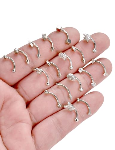 18Pcs Eyebrow Piercing Jewelry 16G Surgical Steel Curved Barbell Eyebrow Rings Butterfly Moon Vertical Labret Monroe Lip Belly Button Rook Daith Tragus Earrings for Women Men Gold Silver 10mm - color: Silver