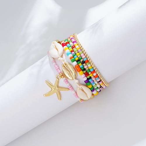 LALAPPLE Shell Bracelet Boho Beaded Stretch Bracelets for Women Seashell Strand Bracelets Starfish Charm Jewelry Summer Beach Jewelry Stackable Crystal Gold Plated Beads Bracelet for Women - style: Style1