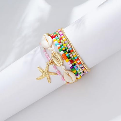 LALAPPLE Shell Bracelet Boho Beaded Stretch Bracelets for Women Seashell Strand Bracelets Starfish Charm Jewelry Summer Beach Jewelry Stackable Crystal Gold Plated Beads Bracelet for Women - style: Style1