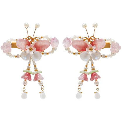 A Pair Wedding Hair Clips, Handmade Floral Design Crystal Hair Clips Pearl Barrettes, Rhinestones Flower Clips Pearl Headpieces Hair Pins Hair Accessories for Women Girls (Red&White) - color: Red&White
