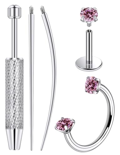 Lcolyoli 20G Titanium Horseshoe Nose Ring and Internally Threaded CZ Stud for Tragus/Nose/Helix/Conch Piercing Jewelry for Women Men Includes Taper Ball Grabber Tool for Easy Jewelry Changing - color: Pink Cubic Zirconia, size: 18g