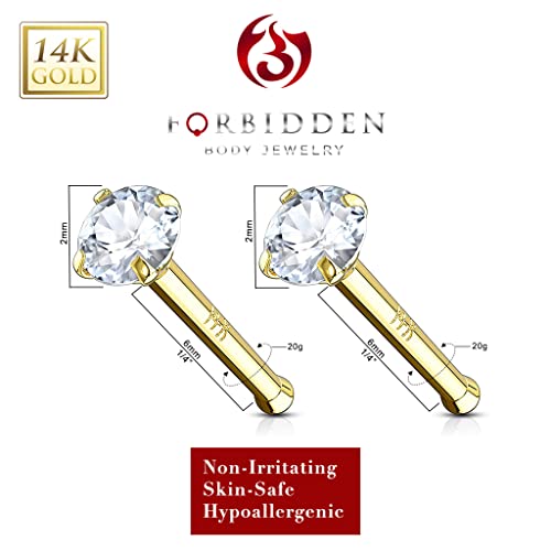 Forbidden Body Jewelry 14k Gold Nose Ring, 20g, Solid 6mm Stud, 2mm CZ Simulated Diamond, Non-Irritating Skin Safe Real Gold, Women and Men - color: 2pcs: 14k Yellow Gold