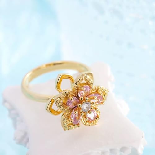Sunflower Fidget Ring for Women Gold Anxiety Crystal Rings Cubic Zirconia Sunflower Open Adjustable Fidget Ring Spinner Sun Ring for Men Trendy Jewelry - color: Pink