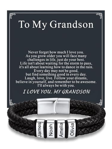 Custom4U Personalized Braided Leather Bracelet for Men with Name Engraved | 1-5 Name Engraving, Stainless Steel Bead, 7.5/8.3/9 Inch Black Leather, Gift Design for Men with Custom Keepsake Cards - color: 01-Steel Color-To My Grandson, size: 4 Names