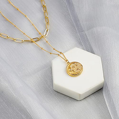 MEVECCO Dainty Pendant Layered Necklaces for Women | 18K Gold Plated Brass, 2-Piece Set With A Choker-Length Upper Layer, Wear Together Or Separately, Refined Everyday Style - style: Layer Cresent Moon