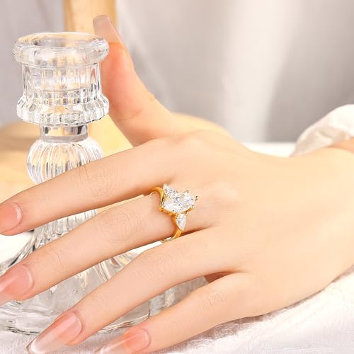 4CT 3 Stone Moissanite Engagement Ring for Women, Marquise Cut D Color VVS1, 925 Sterling Silver with 18K White Gold Plated, Anniversary Promise Ring for Her, Wedding Ring with Gift Box - color: Yellow
