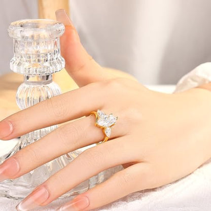 4CT 3 Stone Moissanite Engagement Ring for Women, Marquise Cut D Color VVS1, 925 Sterling Silver with 18K White Gold Plated, Anniversary Promise Ring for Her, Wedding Ring with Gift Box - color: Yellow