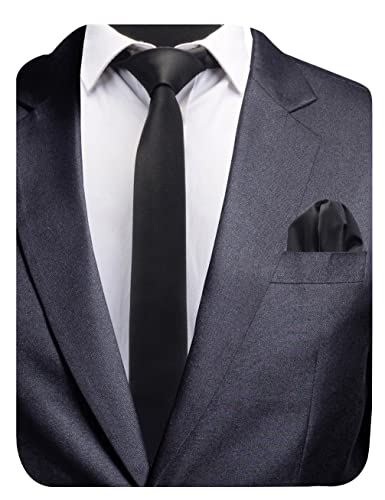 GUSLESON 2.4" Slim Necktie and Handkerchief Set For Men Solid Skinny Tie Set - color: Black
