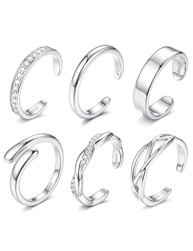 Subiceto 6 Pcs 14K Gold Filled Toe Rings for Women Non Tarnish Dainty Open Adjustable Toe Ring Set Stackable Cz Hypoallergenic Beach Summer Foot Jewelry for Women - color: wide silver