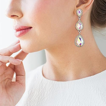EleQueen Women's Crystal Teardrop Pear Shape 2.5 Inch Long Earrings | Dangle Earrings for Women, TearDrop Crystals Earrings for Bride Bridesmaid, Prom Jewelry for Wedding - color: Iridescent AB Silver-tone