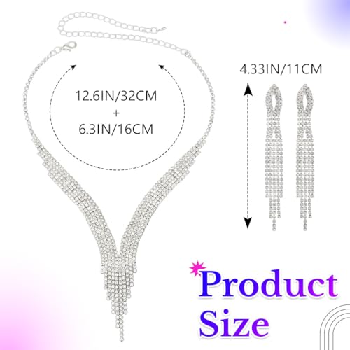 Sixexey Rhinestone Bridal Jewelry Set Silver Wedding Jewelry for Women | Sparkly Necklace Earrings Prom Party Jewelry Accessories for Women