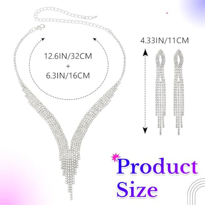 Sixexey Rhinestone Bridal Jewelry Set Silver Wedding Jewelry for Women | Sparkly Necklace Earrings Prom Party Jewelry Accessories for Women