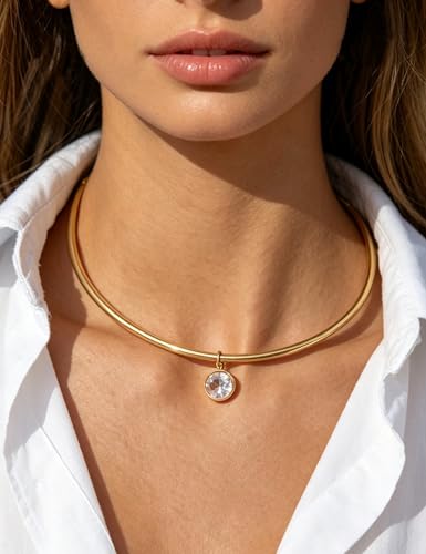 Gold Choker Necklace for Women,18K Gold Plated Tube Collar Necklace with Cubic Zirconia Pendant, Minimalist Dainty CZ Choker Necklace,Trendy Statement Jewelry Gift for Women