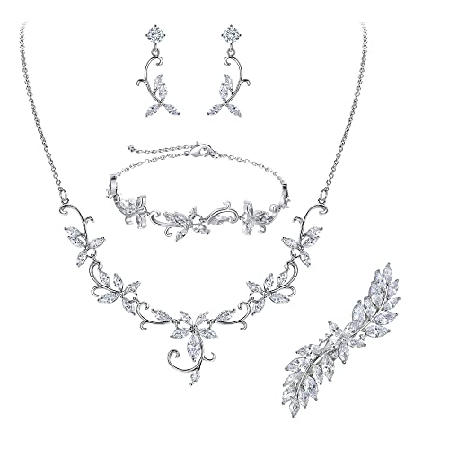 Crysdue Flower Leaf Wedding Jewelry Set for Bridal Bridemaid, Cubic Zirconia Teardrop Elegant Silver/14K/Rose Gold Plated Vine Necklace Dangle Earrings for Prom Party - style: C_Four Set Silver