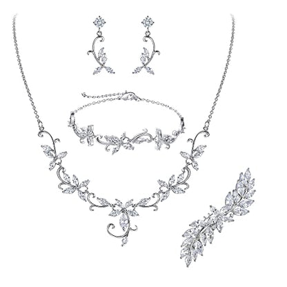 Crysdue Flower Leaf Wedding Jewelry Set for Bridal Bridemaid, Cubic Zirconia Teardrop Elegant Silver/14K/Rose Gold Plated Vine Necklace Dangle Earrings for Prom Party - style: C_Four Set Silver