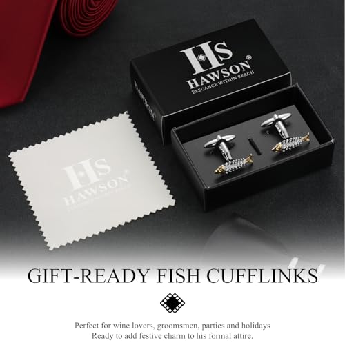 HAWSON Various Unique Cuff Links Mens, Animal/Tactical/Music/Holiday/Cufflinks, Themed Wedding Dinner Party Gift Suit Accessories - style: Fish Skeleton