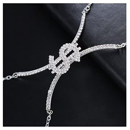 Rhinestone Chest Bracket Chain Crystal Dollar Sign Chest Chain Summer Bra Body Chain Sexy Bikini Waist Body Jewelry for Women