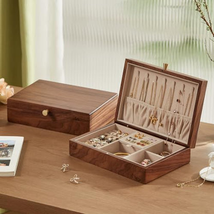 Walnut Wood Jewelry Box with Necklace Hook, Gift for Women | 7 Necklace Hooks, Velvet-Lined, Stores Watches Rings Earrings Necklaces Bracelets, Jewelry Organizer, Gift for Her - style: 1 Layer A