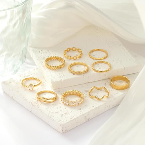 PLOMFOV Gold Plated Stackable Rings - Wedding Bands & Eternity Rings, Dainty 14K Gold Plated, Thin & Simple, Trendy Thumb Stacking Ring Pack (Size 12/11/10/9/8/7/6/5/4) - color: Golden