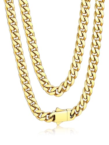 Bandmax Men's Premium Solid Stainless Steel Miami Cuban Link Chain Necklace | Waterproof Tarnish Resistant Chain, Silver Finish/Gold/Black Plated, Easy-open Clasp, 5/7/9/12MM, 18-30 Inches, With Gift Box - color: 02 5MM-14K Gold Plated, size: 18 Inch (46c