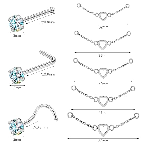 20G Nose Rings Studs with Chain Piercing Across Double Nose Stud Nose Hoop Spike Heart Ball CZ Surgical Steel Nostril Piercing Jewelry for Women Men, Black Silver Gold - color: SR-Heart shaped chain