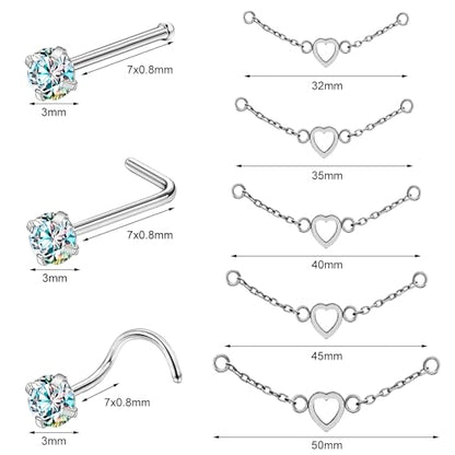 20G Nose Rings Studs with Chain Piercing Across Double Nose Stud Nose Hoop Spike Heart Ball CZ Surgical Steel Nostril Piercing Jewelry for Women Men, Black Silver Gold - color: SR-Heart shaped chain