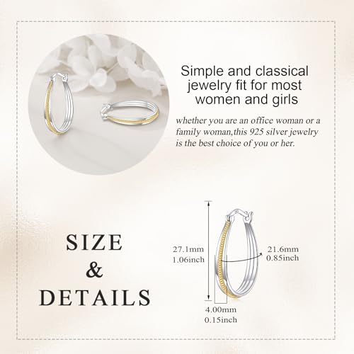 Small Sterling Silver Gold Hoop Earrings Oval Grooved Two Tone Hoops Earrings for Women - color: Two Tone Rope Hoops