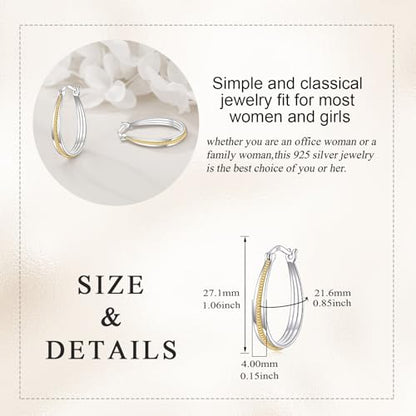 Small Sterling Silver Gold Hoop Earrings Oval Grooved Two Tone Hoops Earrings for Women - color: Two Tone Rope Hoops