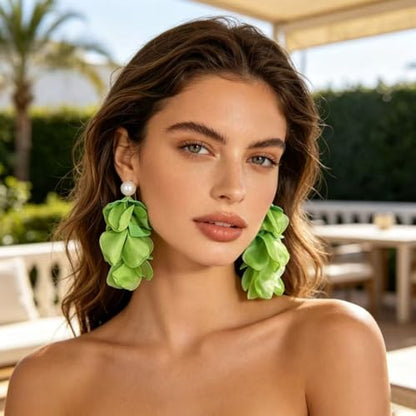 Handmade Bohemian Lightweight Fabric Flower Dangle Drop Earrings Chic Pearl Large Tassel Petal Stud Earrings For Women - color: Green