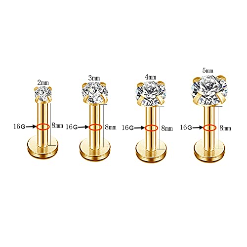 16g CZ Labret Cartilage Tragus Monroe Lip Nose Helix Diamond Studs Earrings for Women Men Stainless Steel Cubic Zirconia Piercing Jewelry 2mm 3mm 4mm 5mm 4 Pairs Set - style: gold