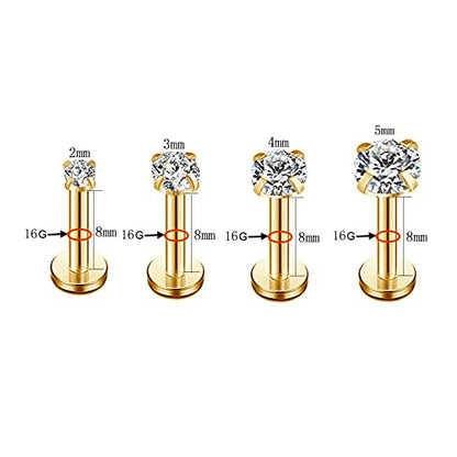 16g CZ Labret Cartilage Tragus Monroe Lip Nose Helix Diamond Studs Earrings for Women Men Stainless Steel Cubic Zirconia Piercing Jewelry 2mm 3mm 4mm 5mm 4 Pairs Set - style: gold