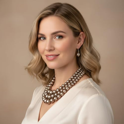 Simulated Pearl Necklace & Earring Set, Multi Strand - color: Mocha