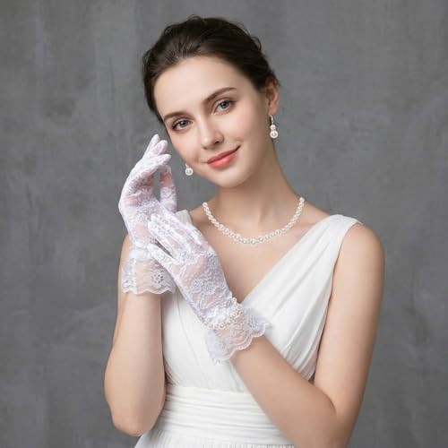 Avxdbr 4 Pieces Pearl Jewelry Lace Gloves Set for Women Girls | Petite Fit Faux Pearl Necklace Adjustable Chain Earrings Stretch Bracelet Lace Gloves for Wedding Tea Party Prom Formal