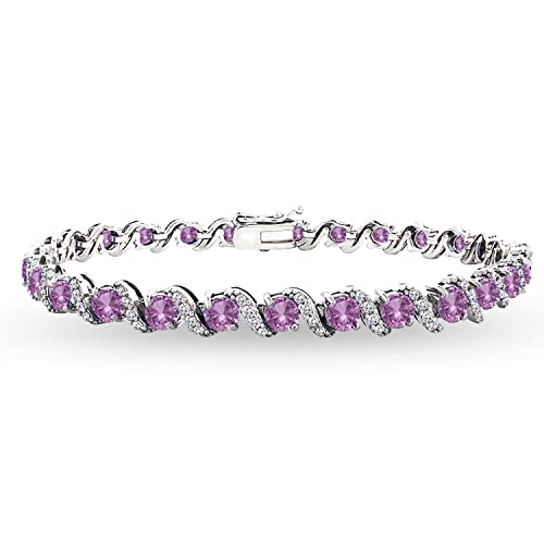 B. BRILLIANT Sterling Silver Genuine, Created or Simulated Gemstone Round S Design Tennis Bracelet for Women - color: Simulated Kunzite