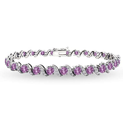 B. BRILLIANT Sterling Silver Genuine, Created or Simulated Gemstone Round S Design Tennis Bracelet for Women - color: Simulated Kunzite