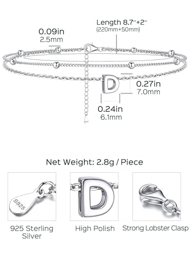 ChicSilver Ankle Bracelets for Women Waterproof, 925 Sterling Silver Initial Anklets for Women, Adjustable Dainty Layered Anklet Beach Jewelry for Women Mom Wife Friend - style: Silver-D