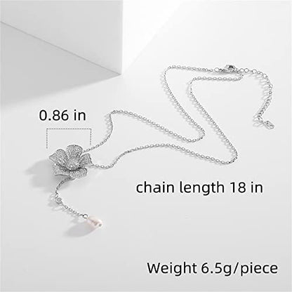 Crystal Flower Drop Y Necklace for Women Cubic Zirconia Diamond Shell Pearl Charms Pendant Choker Chain Adjustable Fashion Shiny Wedding Birthday Anniversary Jewelry Gift Box