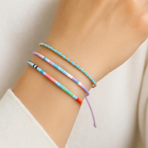 Seed Beaded String Rope Adjustable Bracelets Set for Women Men, Small Colorful Boho Rice 3Pcs Stack Handmade Thin Jewelry, Daily Beach Vacation Friendship Gift - color: Green Blue C