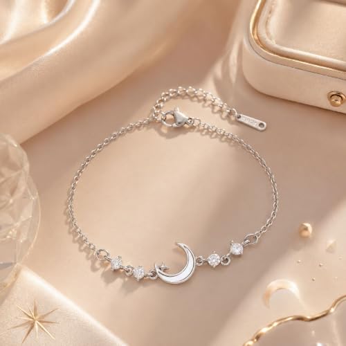 Moon Phase Bracelet Gold/Silver Opal Moon Charm Bracelet Adjustable Opal Style Crescent Charm Chain Bracelets with White Bead Accents Celestial Jewelry Outfit Accessories Gift for Women - color: B2: Silver Opal
