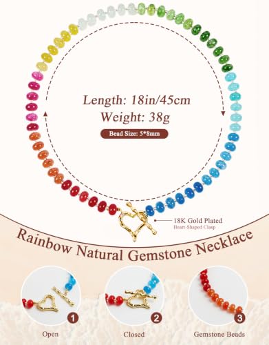 Beaded Necklaces for Women, Boho Colorful Bead Choker Necklace | Natural Gemstones, Summer Beach Jewelry, 18K Gold Plated, Handmade, Gift for Her,Charm Necklace - color: Rainbow-Heart-Shaped Clasp