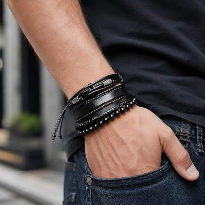 Braided Leather And Wood Bead Bracelet Set for Men Women ，Beads Cuff Bracelet Hemp Cords Ethnic Tribal，Wristband Stackable Bracelets Set Adjustable，Fashion Jewelry， Daily Wear And Party, Gift for He