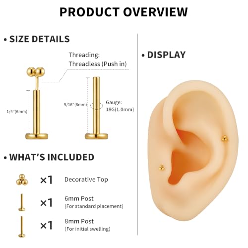 1PC ASTM F136 Titanium Mini Threadless Flat Back Stud 18G 6mm 8mm for Conch Helix Flat Tragus Labret - color: Triangular Cluster - Gold
