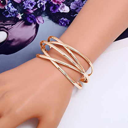 Boho Chunky Cuff Bracelet for Women,Gold/Silver/Rose gold Multi-layer Cross Wire Bangle Bracelets Open Adjustable Wide Cuff Bracelet Fashion Statement Jewelry - color: Rose gold