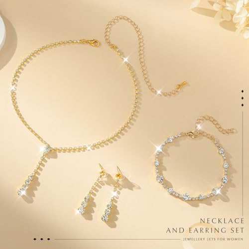Bride Silver Bridal Necklace Earrings Set Crystal Wedding Jewelry Set Rhinestone Choker Necklace for Women and Brides - color: E Gold