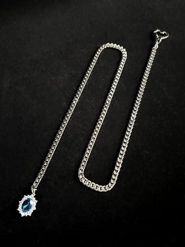 Women's Heart O-Ring Slip Chain Necklace, Double Layered Adjustable 39'' Cuban Chain with Detachable Heart Clasp and Colorful Rhinestone Pendant - color: 25'' Silver-Ocean Blue