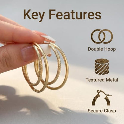 Hoop Earrings for Women, Hypoallergenic Stainless Steel Lightweight Thin Large Big Hoops Earrings Set for Women, Non Tarnish for Jewelry Gift 40MM - color: Gold Double Layer Textured Hoop Earrings
