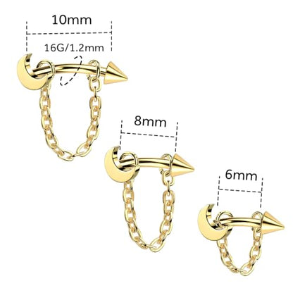 3 Pcs 316L Stainless Steel 16G Tragus Helix Rook Piercing Jewelry with Chain, Cartilage Earrings for Women, Belly Button Ring Vertical Labret Lip Piercing Jewelry - color: Gold, size: Moon
